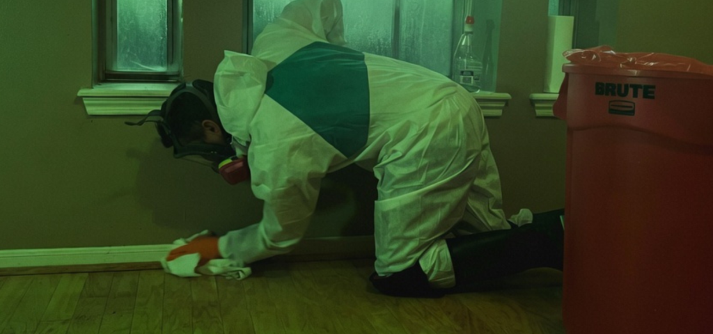 Biohazard cleanup scene related to body decomposition