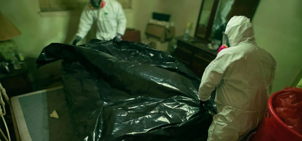 Biohazard cleanup technician handling contaminated materials